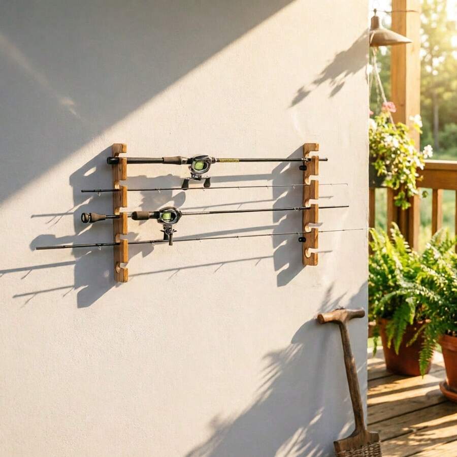 Horizontal Fishing Rod Rack - Wooden Floating Wall Shelf & Storage Organizer - Deluxe Vintage-Style Carbonized Solid Wood Wall-Mounted/Ceiling-Mounted Rod Storage Rack - Holds 5 Fishing Rods - Multicolor - View 1