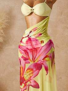 2 piezas Conjunto de bikini para mujer, bikini con decoración de flor de metal y tirantes ajustables, vestido de playa bohemio con estampado de malla floral, conjunto de 3 piezas de traje de baño, adecuado para playa, vacaciones y fiesta de piscina en verano negro - Amarillo - Ver 5