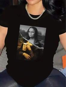 Camiseta de Mujer con Retrato de la Mona Lisa - Manga Corta, Cuello Redondo, Estampada, Estilo Casual, Adecuada para Primavera, Verano y Todas las Temporadas - Diseño de la Mona Lisa Lavable a Máquina - Negro - Ver 2