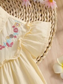 Girls' Casual Short Sleeve White Collared Shirt, Summer - Yellow - View 4