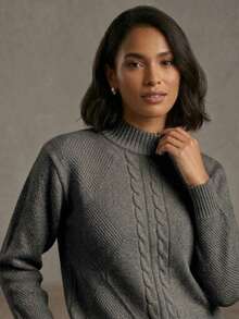 Women's Modal Knit Winter Blouse With Braided High Neck, Modern Style - Grey - View 3