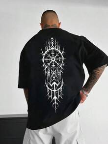 Camiseta de manga corta con cuello redondo y estampado de atrapasueños para hombre, estilo emo - Negro - Ver 1
