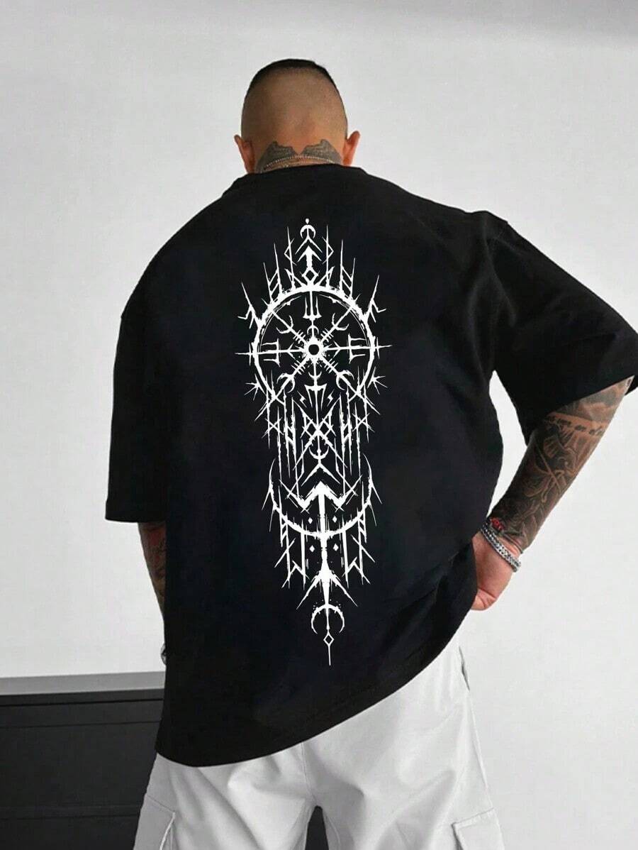 Camiseta de manga corta con cuello redondo y estampado de atrapasueños para hombre, estilo emo - Negro - Ver 1