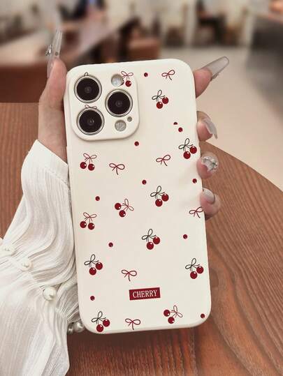 1 pezzo Custodia per telefono colorata con bordo dritto perforato, dipinta a mano con ciliegie, spessa e anti-caduta, compatibile con iPhone / Galaxy /