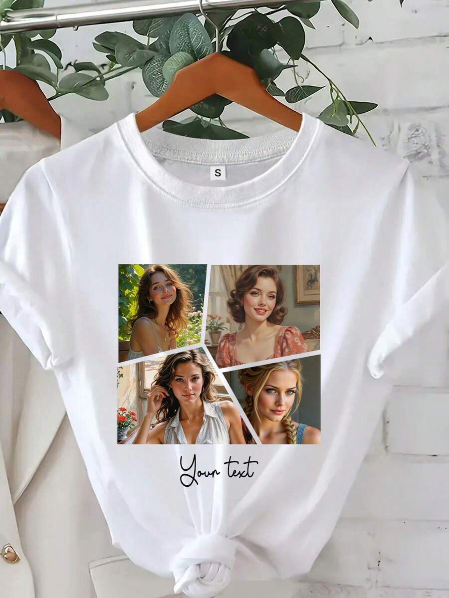 Camiseta manga corta cuello redondo 100% algodón, estampado trendy, tejido ligero y ventilado, estilo moda casual, apta para vida diaria, salidas informales y citas en primavera, verano y otoño - Blanco - Ver 1