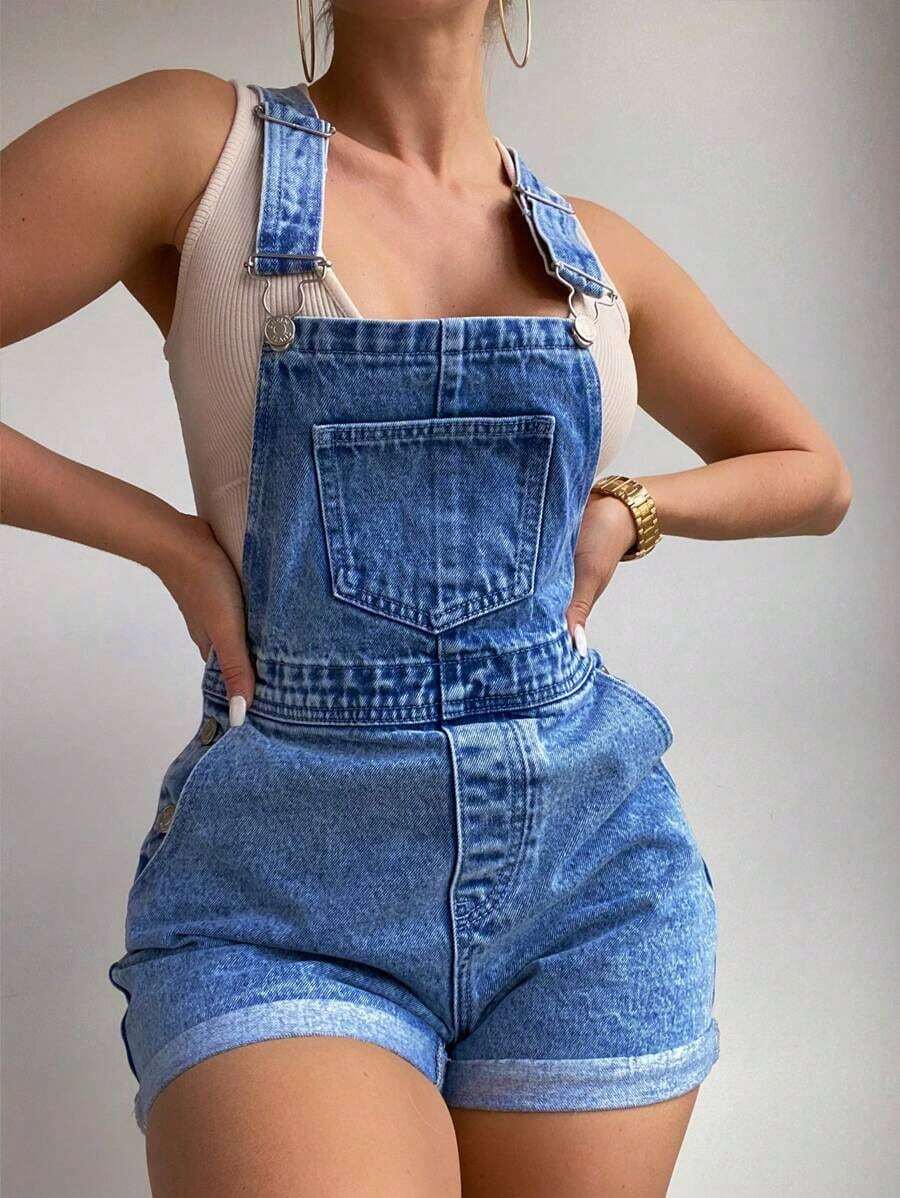 Pantalones de peto vaqueros lavados de verano casuales - Azul lavado medio - Ver 1