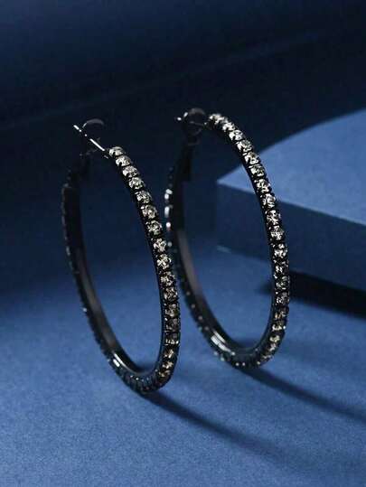 2026 New Model 1 Pair Classic Elegant Rhinestone Black Round Hoop Earrings, Suitable For Daily Wear For Women