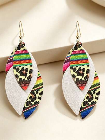 1 Đôi bông tai phong cách Bohemian in họa tiết da báo nhiều màu sắc, bông tai dài mặt dây chuyền hình lá bằng da nhiều lớp, bông tai da mềm nhẹ, quà tặng cho bạn gái/bạn bè, phù hợp với trang phục chấm bi, thiết kế độc đáo.