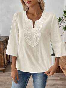 Blusas casuales de mujer de manga larga con escote en pico en unicolor, blusas de manga tres cuartos - Beis - Ver 5