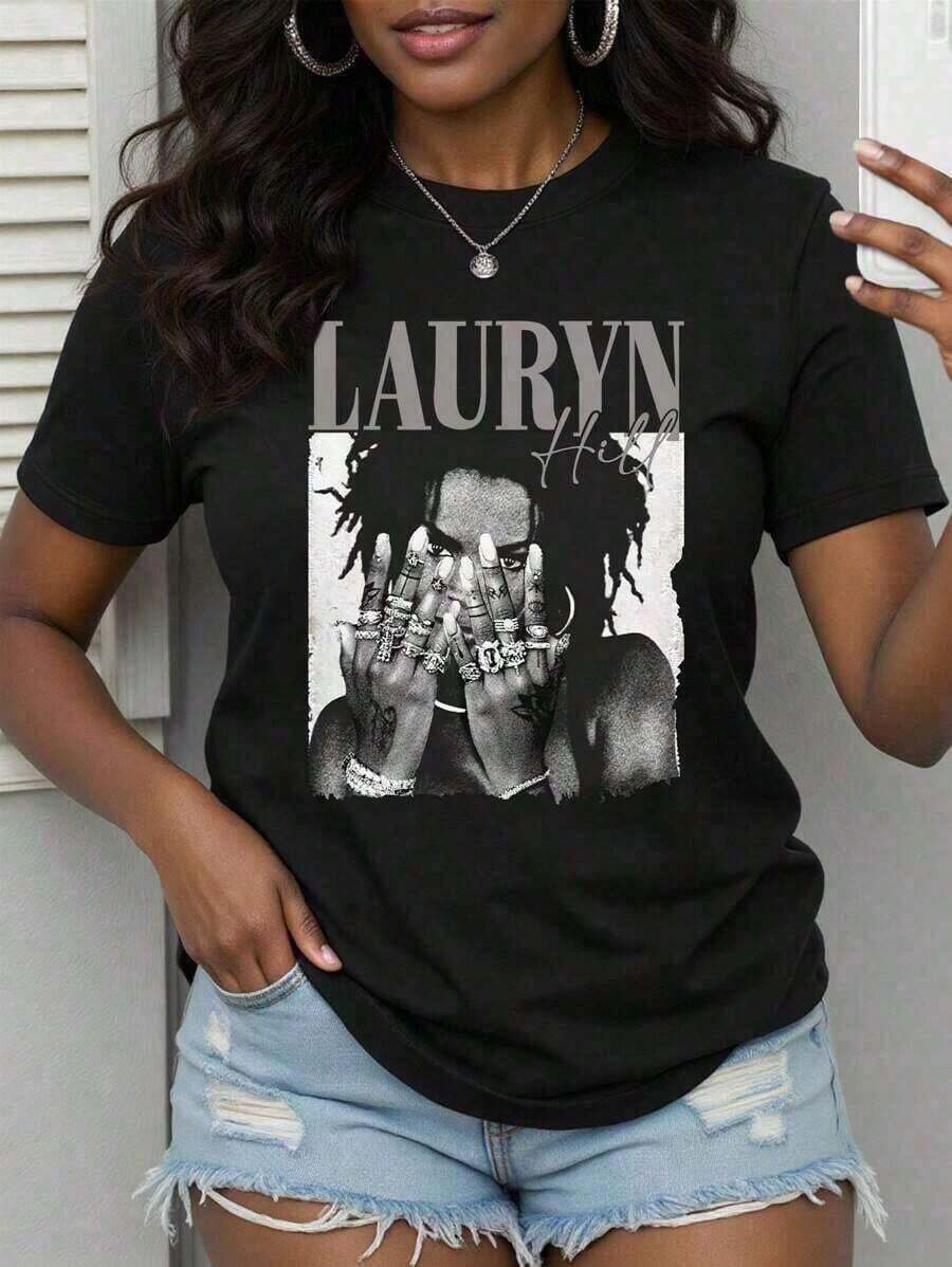 With Ring In Hand - Women's T-Shirt 100% Cotton/Lauren Hill/Letter Print/Vintage T-Shirt/Women's Casual Loose Crew Neck Top/Spring And Summer-Niche Graffiti Print T-Shirts-85841-102525 - 黑色 - 查看 1