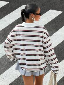 Camiseta de manga larga minimalista de estilo casual urbano para mujer, estampado a rayas, moda urbana, estilo retro americano - Multicolor 8 - Ver 2