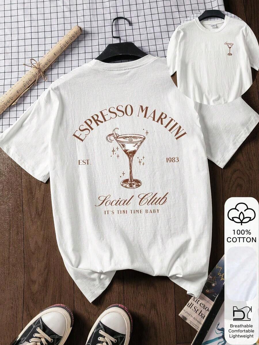 Camiseta suelta de verano para mujer, estampado de vaso de martini de café y vino, 100% algodón, manga corta blanca con gráfico de manga corta, ropa de vuelta al colegio, ideas de atuendos escolares, artículos esenciales de vuelta al colegio, atuendo del primer día de clases, atuendos de vuelta al colegio 2026 casual - Multicolor - Ver 1