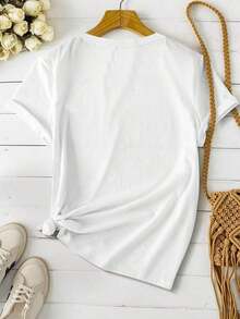 Nueva Ropa 2026 , Camiseta Casual de Manga Corta con Cuello Redondo y Estampado Floral con Textura de Leopardo para Mujer, Verano - Blanco 4 - Ver 2
