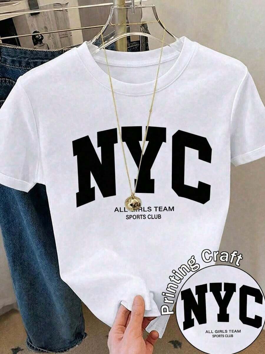 Camiseta suave 100% algodón, camiseta casual para mujer con estampado gráfico de Nueva York, manga corta, cuello redondo, corte regular, top de ropa urbana con ligera elasticidad, camiseta de algodón transpirable, combina con todo, genial. - Blanco - Ver 1