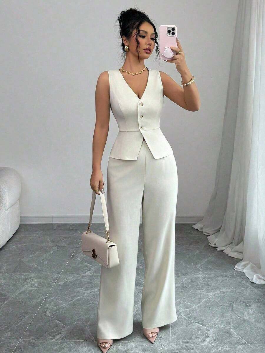 Conjunto de camiseta sin mangas y pantalones elegante para mujer, estilo de oficina y transporte, atuendo de otoño para maestros - Albaricoque - Ver 1
