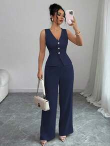 Conjunto de camiseta sin mangas y pantalones elegante para mujer, estilo de oficina y transporte, atuendo de otoño para maestros - Azul marino - Ver 7