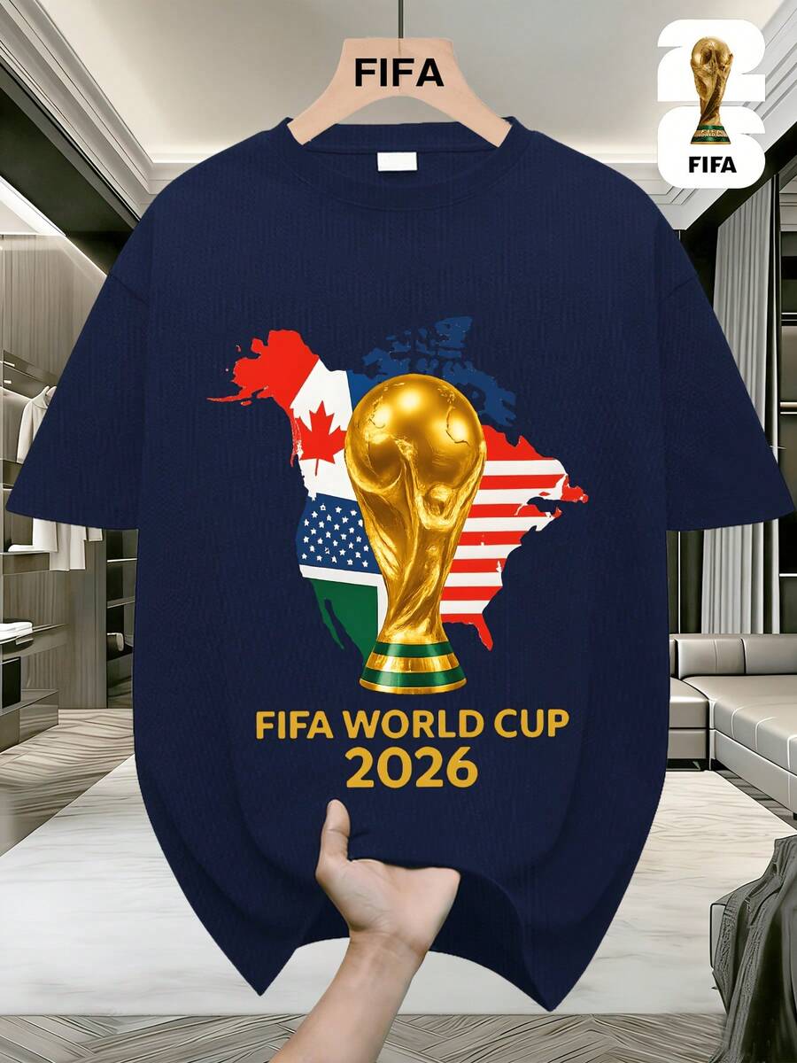 FIFA World Cup Football Brightly Patterned T-Shirts From The USA, Canada, And Mexico, Featuring Street-Style Prints, Fun Printed Short Sleeves, Perfect For Casual Attire, Men's And Women's Styles, And Suitable As A Birthday Gift For Sports Fans. - 海軍藍 - 查看 1