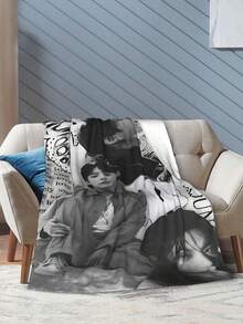 1pcs Soft Personalised Jung Merch Kook Flannel Thick Blanket, Suitable For Sofa, Bed, Living Room, Travel, Office, Shawl, Nap Blanket, Air Conditioning Blanket, Bed Sheet, Camping, Ideal Gift, Daily Gift - 黑色 - 查看 4