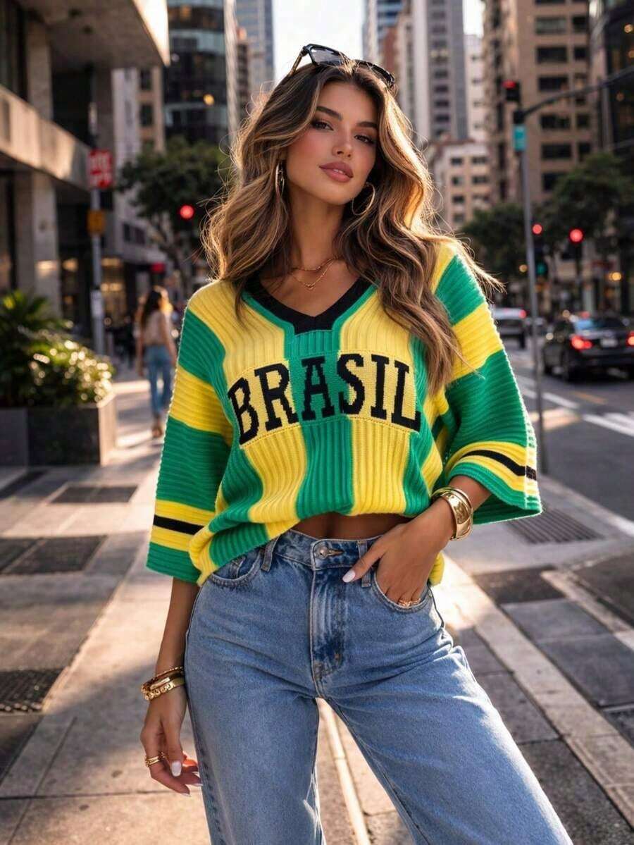 Women's Brazilian Knit Blouse, Stylish And Elegant, With A Contrasting Waistband, Knitted Fabric, Perfect For Vacation, Everyday Wear, And Autumn/Winter. - xanh lá cây/vàng - Xem 1