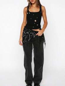 Women's Y2K Fringe Belly Wrap,Dance Scarf Belly Sheer Skirt Cover Up,Sequin See Through Mesh  Asymmetrical Tie Waist Skirt,Suitable Yoga, Belly Dance, Performance,Club Party,Night Out - màu đen - Xem 8