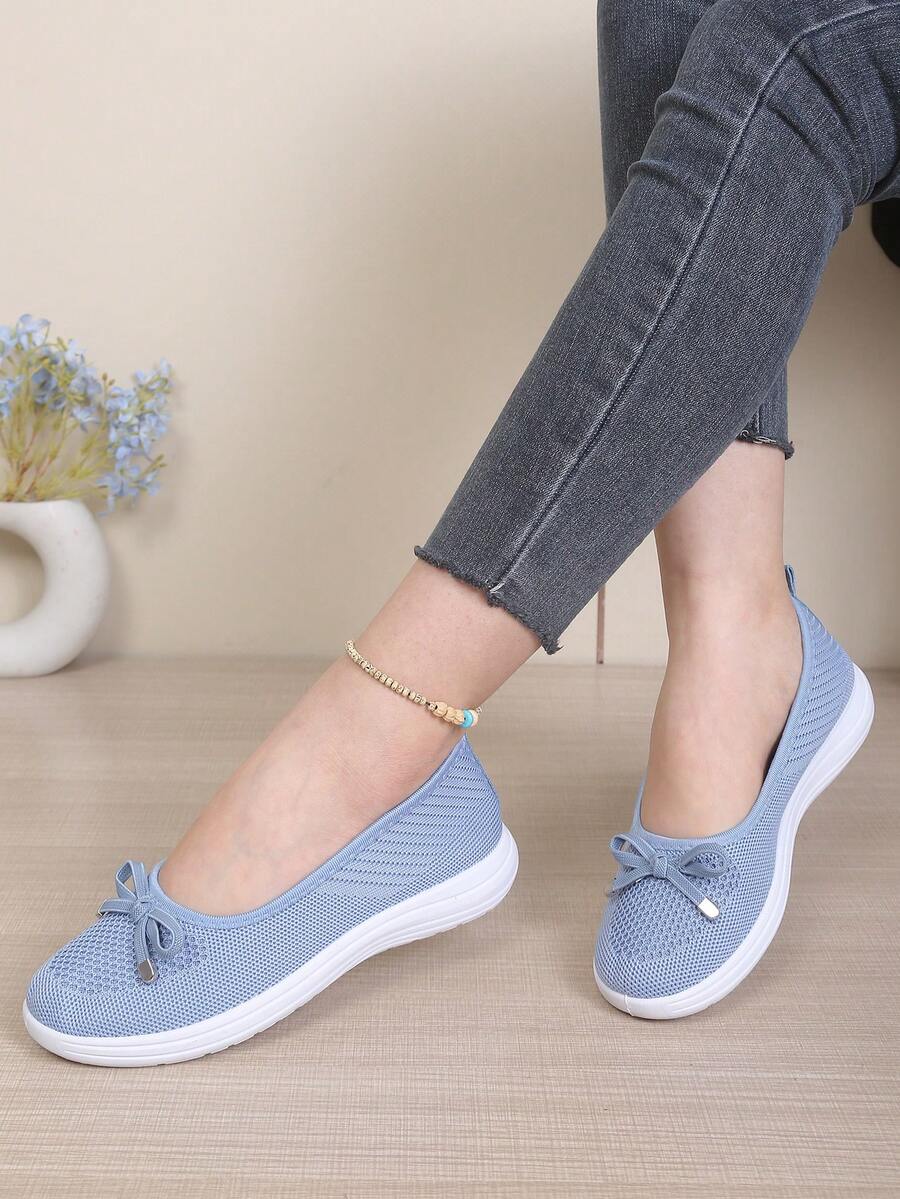 Women's Solid Color Knit Mesh Slip-On Shoes, Simple Elegant Lightweight Breathable Flat Shoes, Comfortable Bow Ballet Shoes For Daily Walking