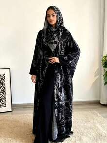 Conjunto de 2 peças: Hijab + Abaya aberta, Cardigã Hijab islâmico muçulmano de Dubai com estampa floral discreta, adequado para uso diário feminino. - Multicolorido - Ver 4