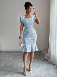 Vestido elegante de jacquard para ir al trabajo, verano - Azul - Ver 1
