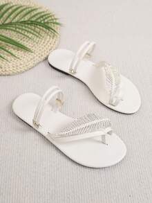 2026 Summer New Rhinestone Tassel Flat Sandals, White Toe-Ring Strap Sandals, Versatile Beach & Date Wear - White - View 7