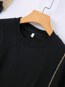 Camiseta manga corta cuello redondo 100% algodón, estampado trendy, tejido ligero y ventilado, estilo moda casual, apta para vida diaria, salidas informales y citas en primavera, verano y otoño - Negro - Ver 3