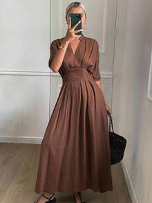 Vestido midi casual de mujer con cuello en V, unicolor, vestido de verano de otoño - Caqui - Ver 7