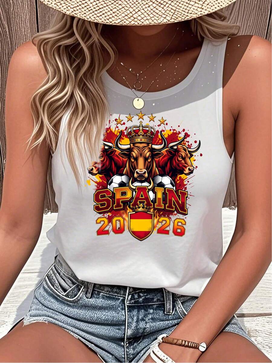 Spain Bull Crown Flag Stars Summer Tops Summer Clothes, Blokecore Women's Tank Top, Vintage Football Jersey Tee 90s Retro Graphic Tee Style, Cotton Blend Soft Breathable Sleeveless T Shirt, Fan Essential All-Match Summer Top Pair - trắng - Xem 1