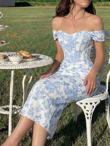 Vestido ajustado con hombros descubiertos y estampado floral rosa para mujer - Azul y blanco - Ver 3