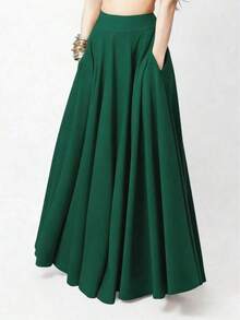 Falda larga casual de unicolor con bolsillos laterales, primavera negro - Verde - Ver 5