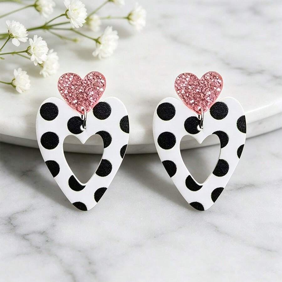 1 Pair Pink Glitter Heart Patchwork Black & White Polka Dot Earrings, Hollow Heart Design Sweet Girl Earrings, Versatile Lightweight Earrings, Gift For Girlfriend/Friend, Match Polka Dot Outfits, Style - A - View 1