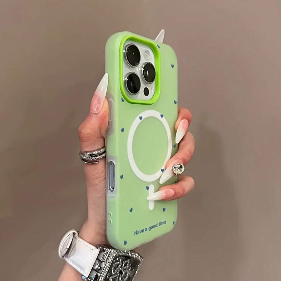 Ships Within 24 Hours From Mexico, Compatible With Apple, , And Other Phone Models. Compatible With Various Phone Brands, Including 17, 16, 15, 14, 13, 12, 11, X, Plus, Pro, And Pro Max. Phone Case - A Screen Full Of Green Hearts, A Minimalist Macaron-Colored Jelly-Like Case, Two-In-One, With Magnetic Wireless Charging, Suitable For Halloween, New Year's Gifts, Christmas Gifts, And Easter Gifts. - 綠色 - 查看 1