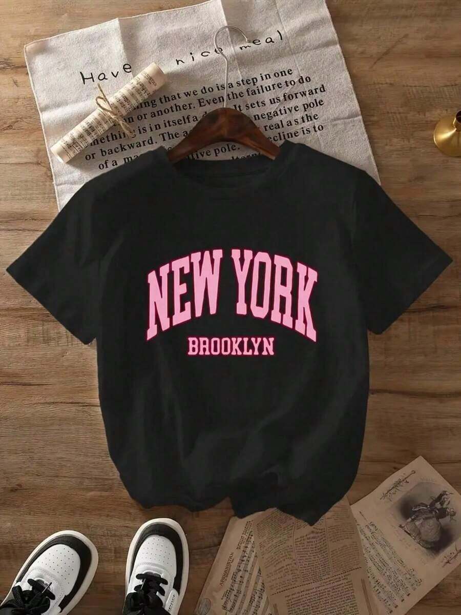 Nueva camia de mujer otoño-invierno, de manga corta con cuello redondo, 100% algodón, holgada, de estilo casual y versátil con estampado moderno, ideal como prenda básica. Adecuado como regalo.playera de mujer.blusas>elegante.boho chic,Camiseta para mujer, suave y transpirable: perfecta para vacaciones, viajes y ocasiones festivas, y adecuada para usar en múltiples estaciones. - Negro 2 - Ver 1