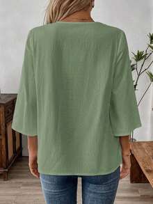 Blusas casuales de mujer de manga larga con escote en pico en unicolor, blusas de manga tres cuartos - verde menta - Ver 2