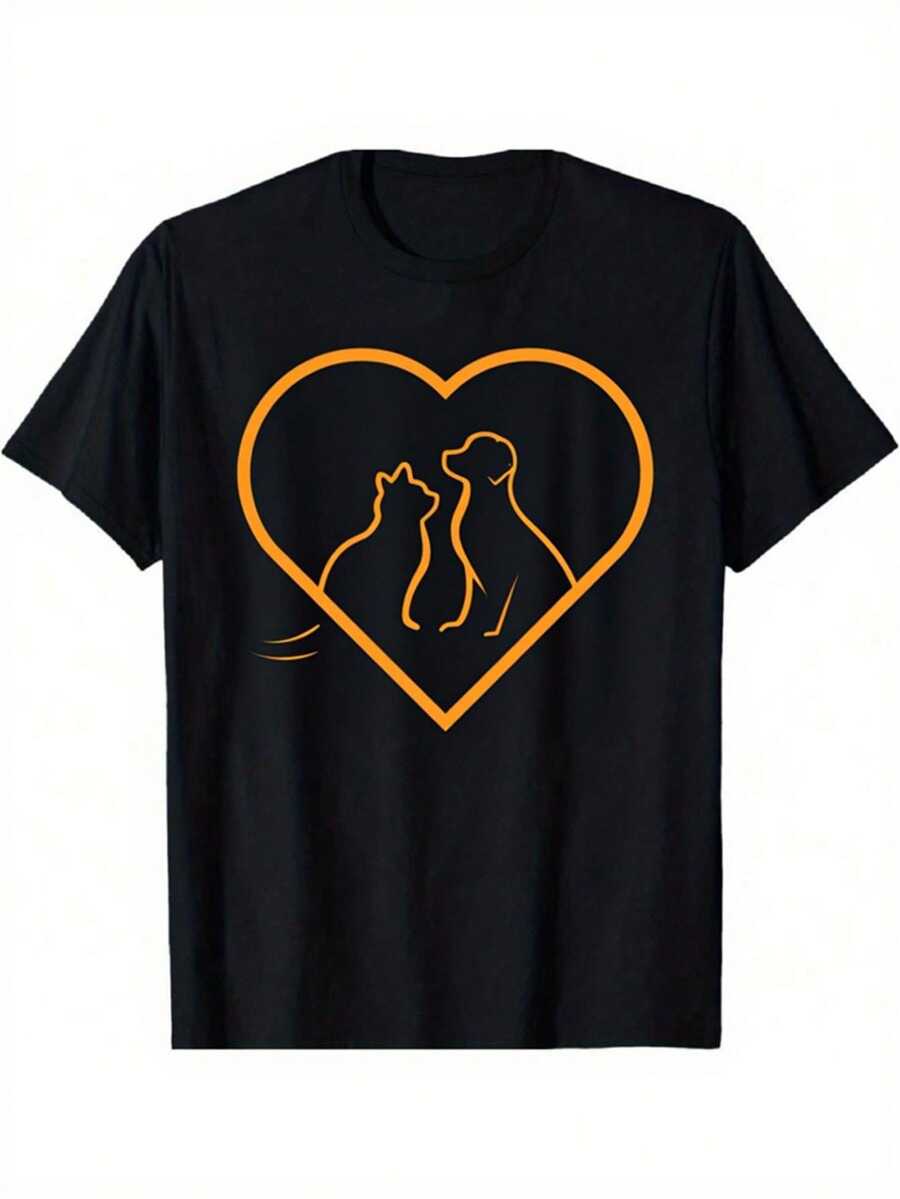Camiseta con diseño de corazón negro y silueta de gato y perro |   Ropa casual, estampado divertido, cuello redondo, mangas cortas, elasticidad media, camiseta con diseño de amor, camiseta gráfica de amor para hombre. - Negro - Ver 1