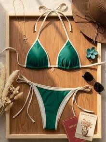 Conjunto de bikini con estampado floral aleatorio para vacaciones en la playa - Verde - Ver 3