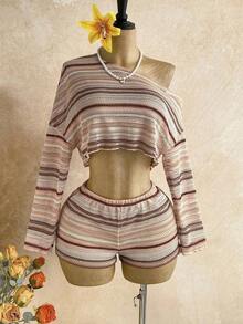 Conjunto informal de 2 piezas de top corto con cuello irregular y borde de lechuga, y shorts, en unicolor, para vacaciones, primavera/verano - Multicolor 6 - Ver 3
