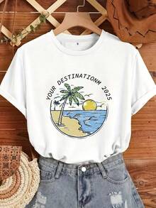 Camiseta manga corta cuello redondo 100% algodón, estampado trendy, tejido ligero y ventilado, estilo moda casual, apta para vida diaria, salidas informales y citas en primavera, verano y otoño - Blanco - Ver 1