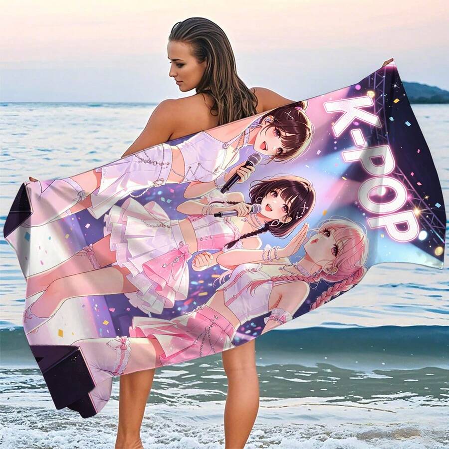 K-POP女团印花速干沙滩巾，不掉毛吸水浴巾，游泳适用，便携式度假毛巾 - A - 查看 1