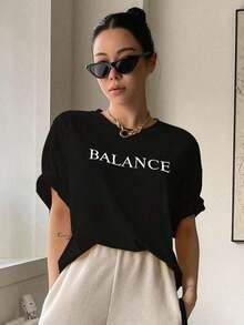 short sleevesDAZY Camiseta de manga caída con estampado de letras, camiseta holgada de verano, camiseta con gráficosLeisure - Negro - Ver 2