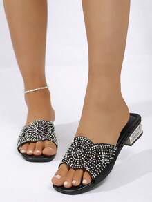 Women's Metallic Glamorous Style Rhinestone Criss-Cross Strap Slide Sandals, Party, Holiday, Wedding, Outdoor Wear, Spring/Summer, Square Toe, Metallic Plated Low Heel, Slip-On, Open Toe, Shiny - Black 4 - View 5