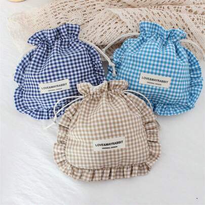 新款可爱抽绳收纳包，复古风抽绳袋，便携旅行收纳包，大容量防尘袋，可爱复古格子图案，荷叶边装饰，抽绳封口，容量大，居家旅行两相宜