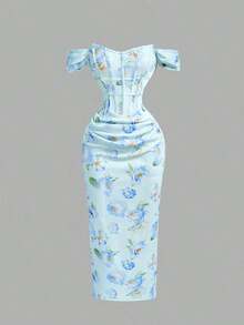 Vestido ajustado con hombros descubiertos y estampado floral rosa para mujer - Celeste - Ver 5