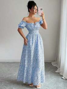 vestido de mujer con estampado digital, mangas abullonadas, nudo delantero, espalda descubierta y cintura ceñida.Elegante y chic para vacaciones, citas, estilizador y adelgazante - Azul - Ver 6