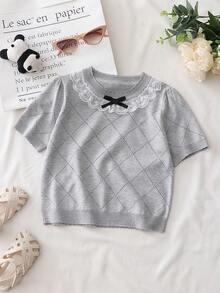 3D Floral Trim Short Sleeve Casual Knit Top, Summer Knit Pullover Sweater, Versatile Daily Wear For Young Girls - Grey - View 3
