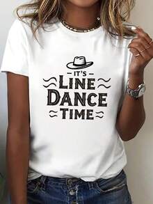 Primavera/Verano/Otoño 2026, Nueva Camiseta de Mujer con Estampado 'It's Line Dance' - Camiseta casual de manga corta y cuello redondo, estampado geométrico, elasticidad media y lavable aáquina, adecuada para todas las estaciones, estilo casual, estilo vaquero, corte holgado. - Blanco - Ver 1