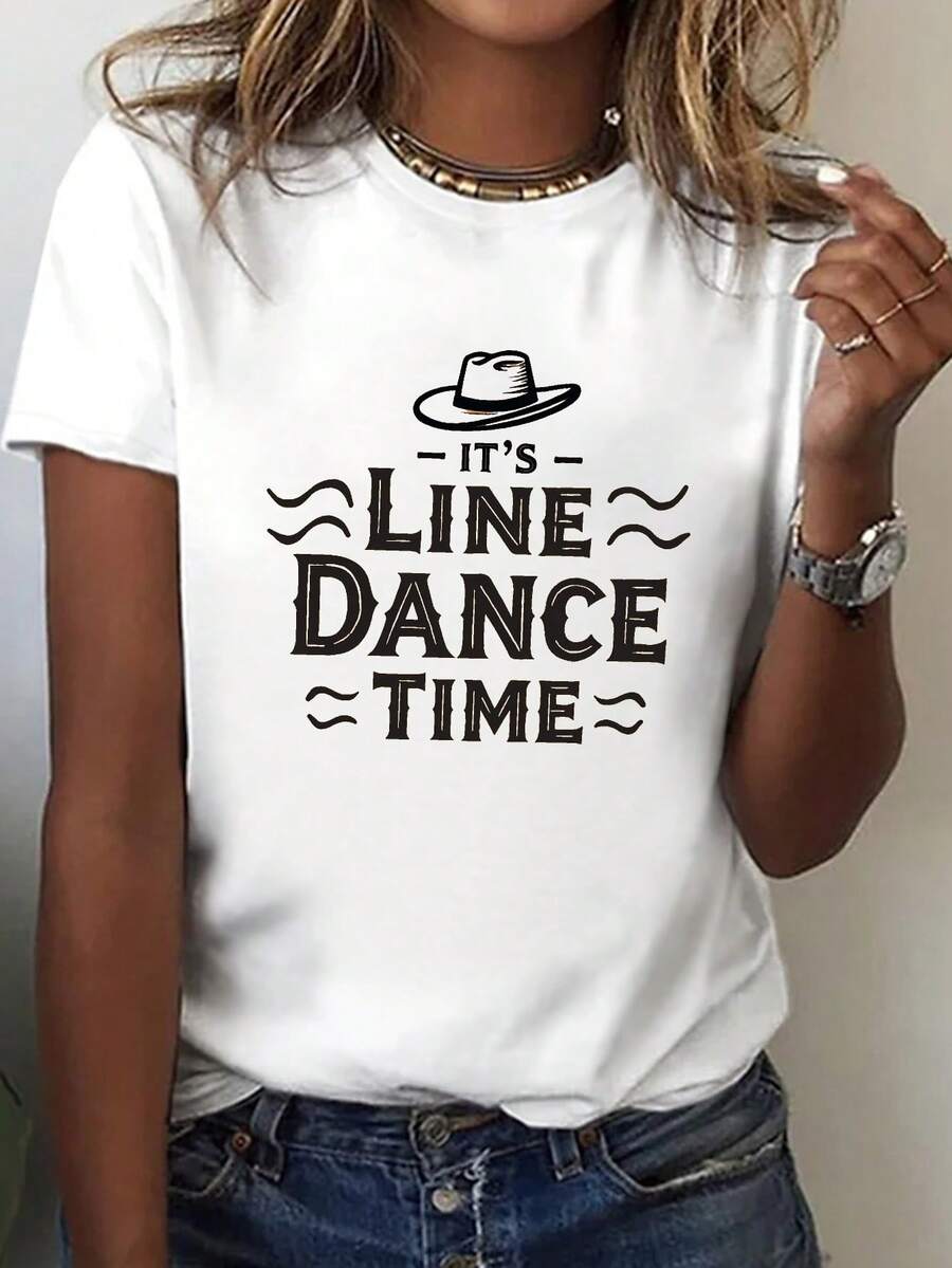 Primavera/Verano/Otoño 2026, Nueva Camiseta de Mujer con Estampado 'It's Line Dance' - Camiseta casual de manga corta y cuello redondo, estampado geométrico, elasticidad media y lavable aáquina, adecuada para todas las estaciones, estilo casual, estilo vaquero, corte holgado. - Blanco - Ver 1